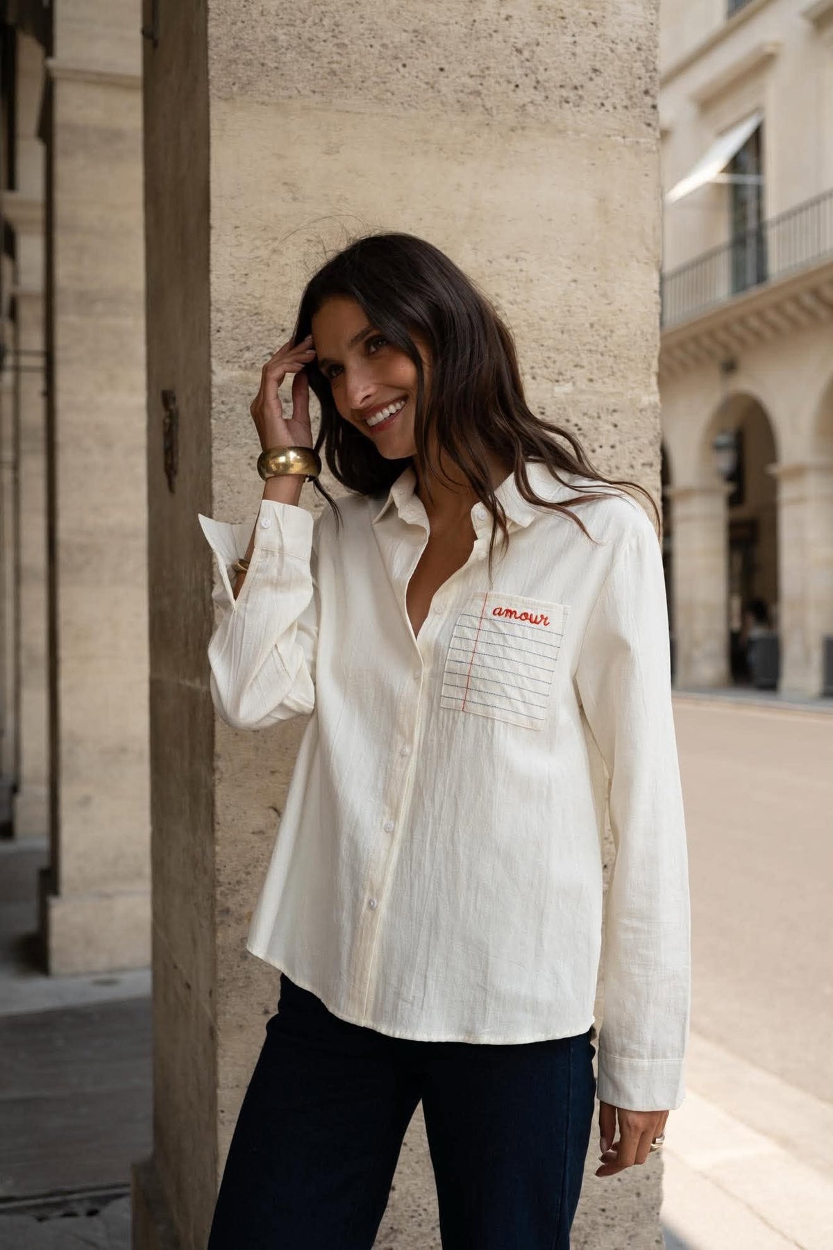 Chemise écrue femme coupe fluide avec poche amour chemise femme écrue