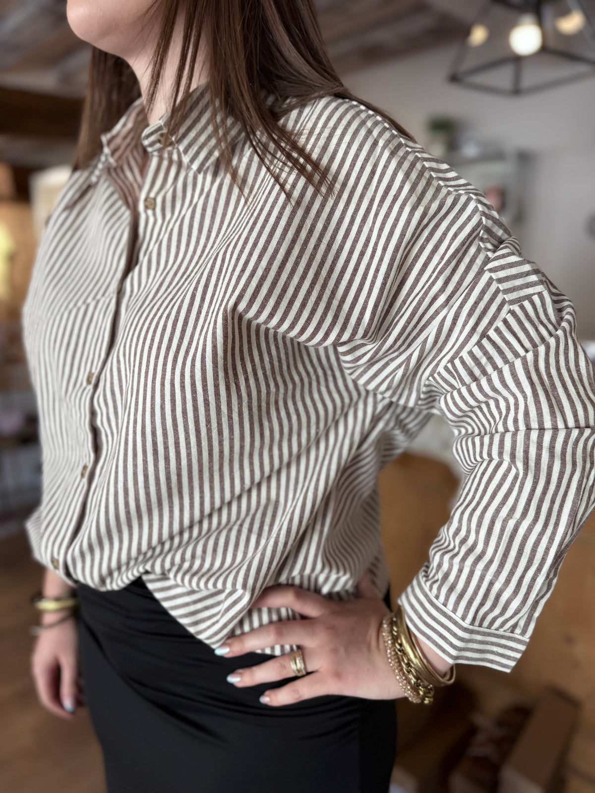 Chemise rayée grande taille, taille XLn 2XL, 3XL, chemise chocolat ecru, In April, Vanille concept store contres, boutique prêt à porter loir et cher