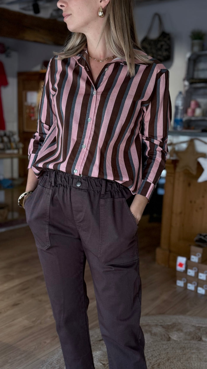 chemise rayée chocolat et rose, chemise rayée bordeaux et chocolat, vanille concept store, boutique prêt à porter féminin, loir et cher, contres