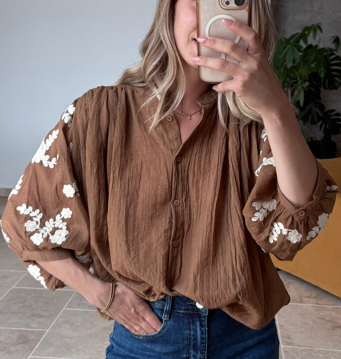 Chemisier camel broderies écru vanille concept store contres boutique prêt à porter femme loir et cher tendance automne 