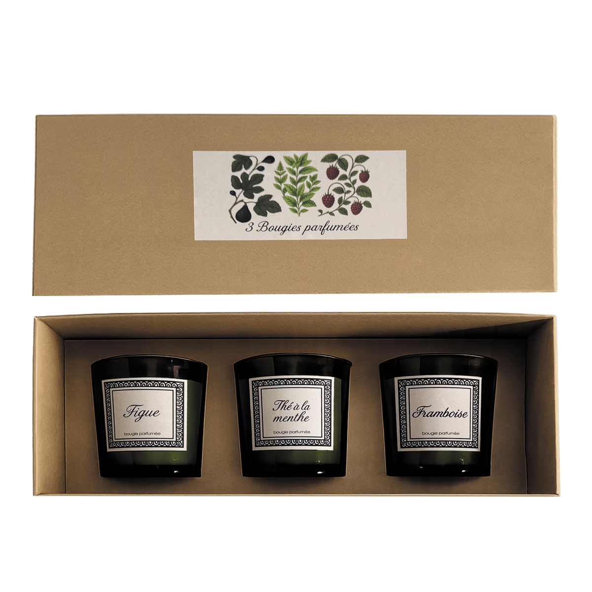 Coffret de 3 bougies botanic parfumées bougie figue bougie menthe bougie framboise opjet vanille concept store contres