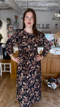Robe longue noire avec motifs vanille concept store boutique pret a porter contres