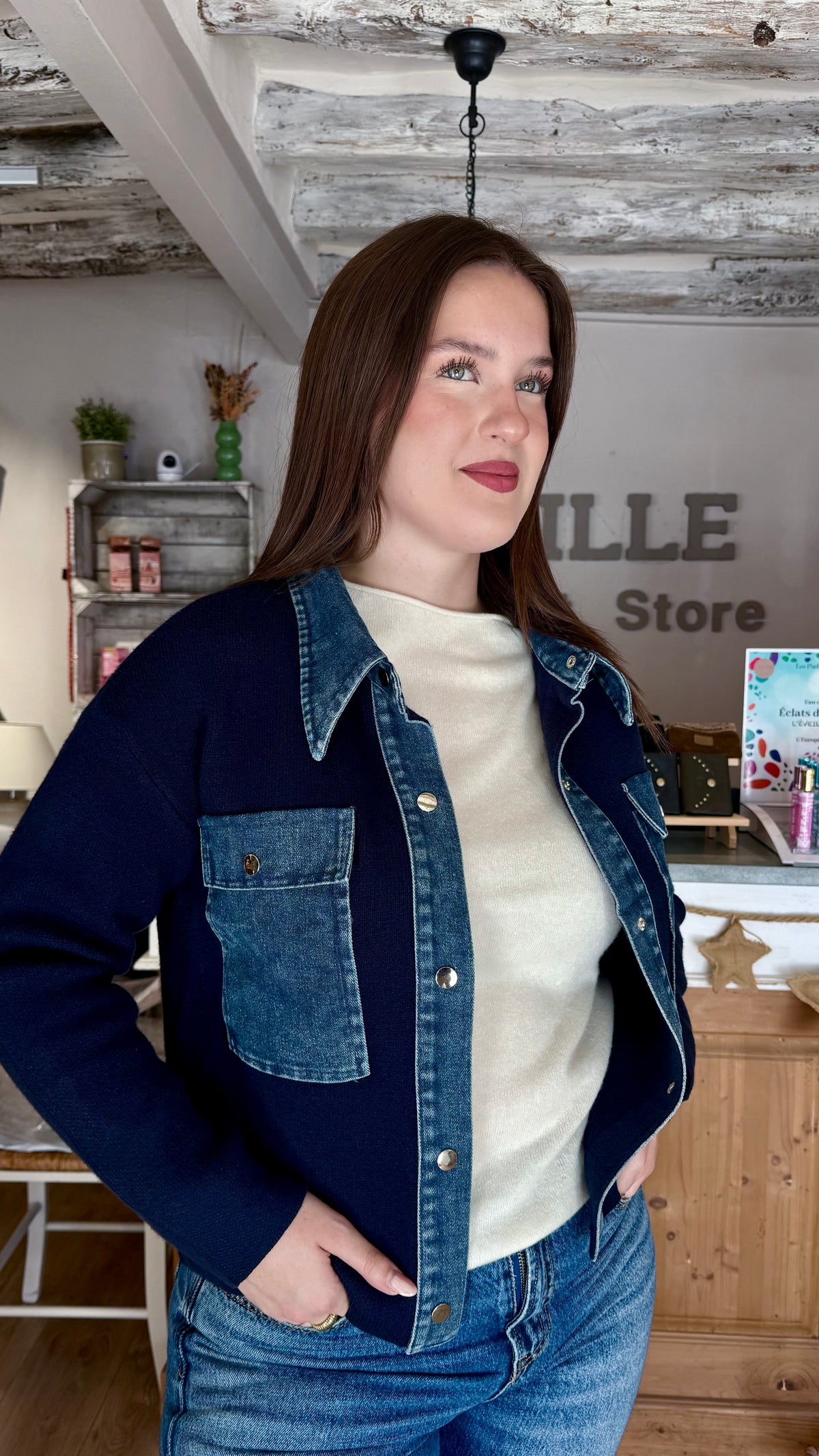 gilet louis marine et jean vanille concept store contres boutique pret à porter femme loir et cher