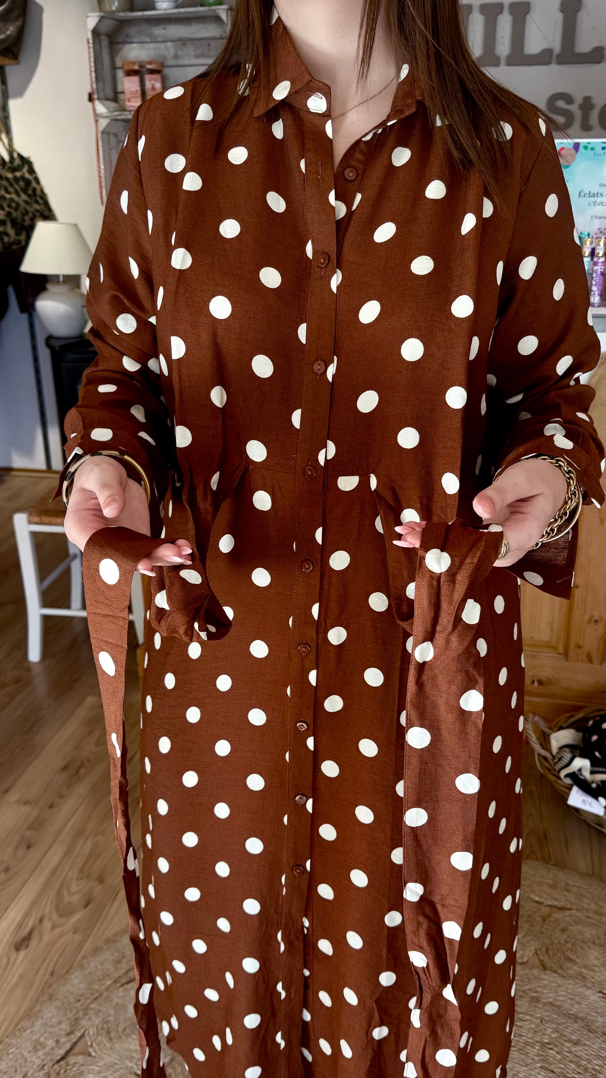 Robe camel a poid boutons noeuds vanille concpet store ccontres boutique pret a porter