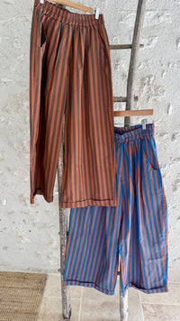 Pantalon magique taille unique taille 44 pantalon rayé bleu et terracotta en coton taille élastique boutique vanille contres boutique vêtements femme grande taille loir et cher 