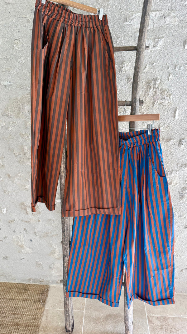 Pantalon magique taille unique taille 44 pantalon rayé bleu et terracotta en coton taille élastique boutique vanille contres boutique vêtements femme grande taille loir et cher 