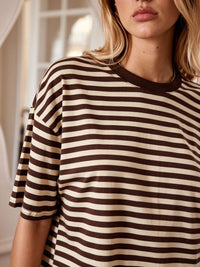 Ter shirt marinière chocolat et écru, bordeaux et rose, teeshirt 100% coton vanille concept store contres boutique prêt à porter féminin 