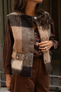 Veste sans manches femme beige camel chocolat avec boutons écailles de tortue