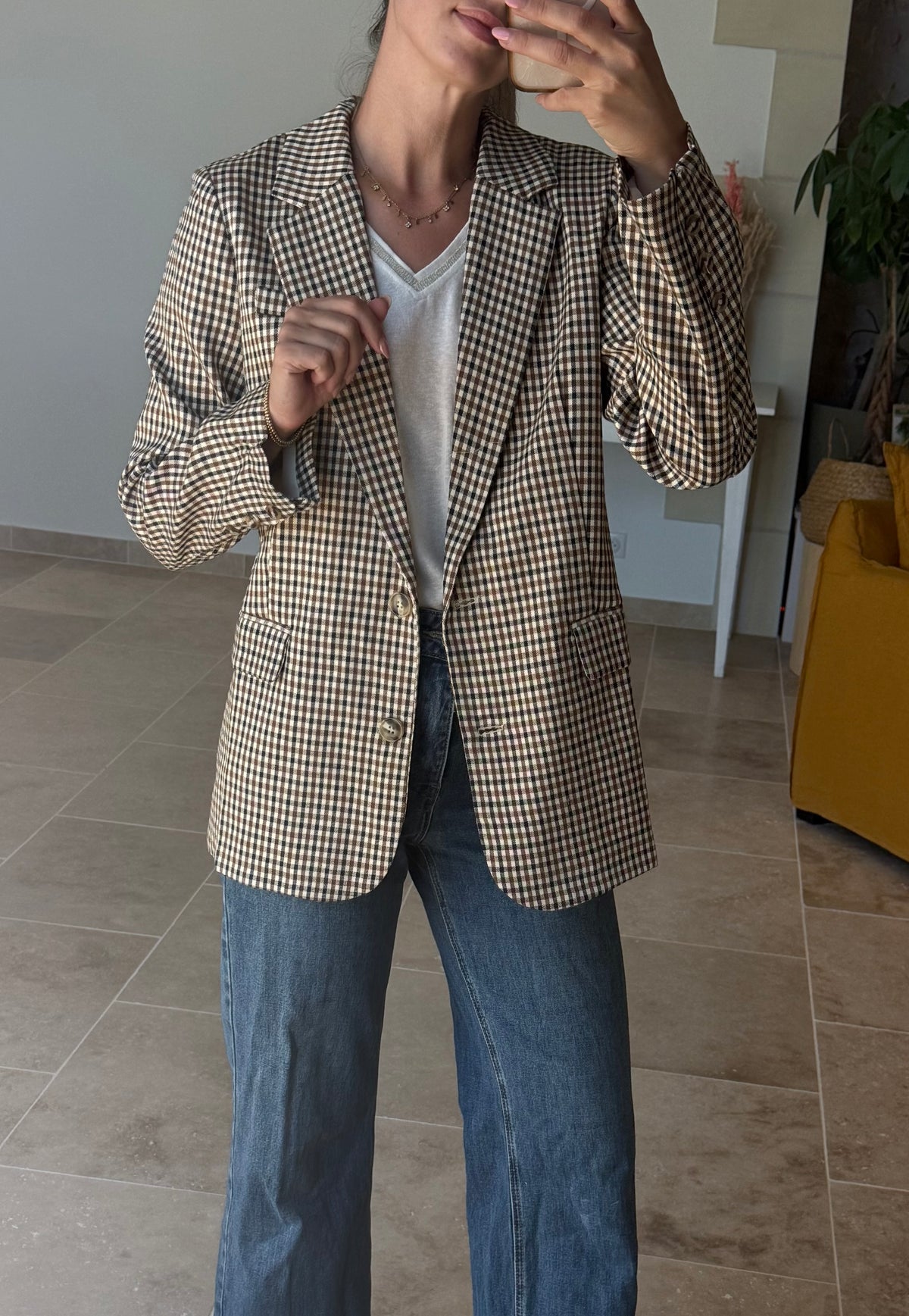 veste de tailleur à carreaux camel et marine veste de tailleur automne vanille concept store contres boutique prêt à porter femme loir et cher