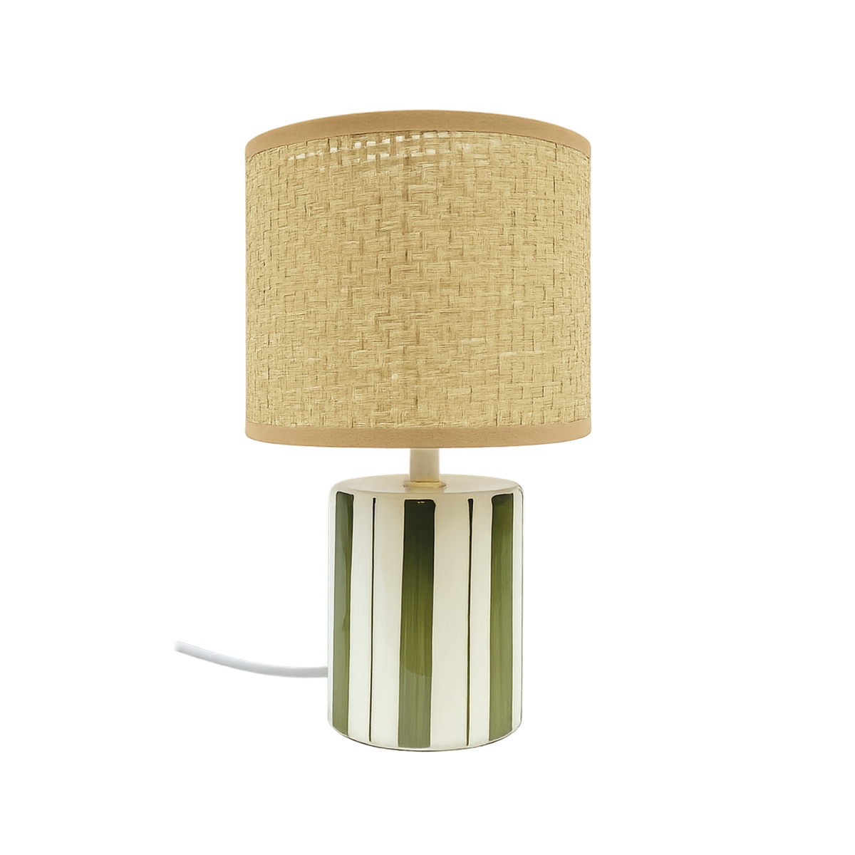 lampe trattoria kaki opjet en ceramique vert et ecru avec abat jour en raphia