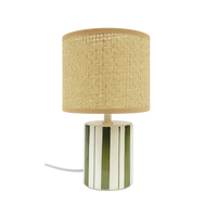 lampe trattoria kaki opjet en ceramique vert et ecru avec abat jour en raphia