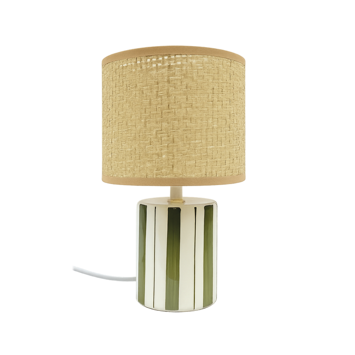 lampe trattoria kaki opjet en ceramique vert et ecru avec abat jour en raphia